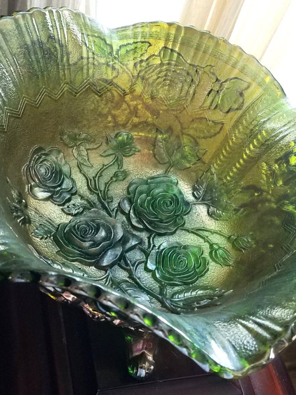 Antique Imperial Carnival Glass Lustre Rose Helios Green Iridescent 11" Bowl